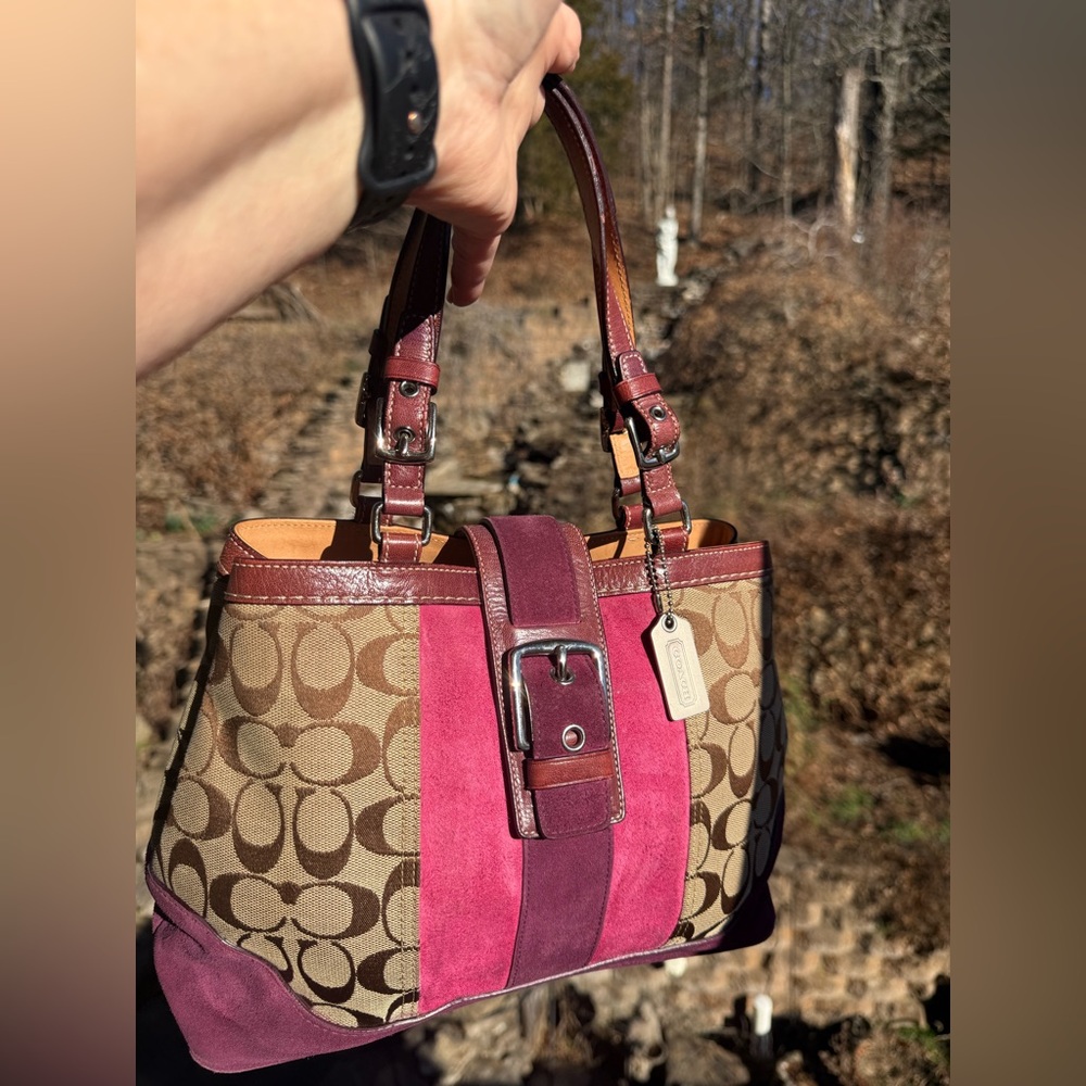 Coach Vintage Hampton Satchel 2004 Pink Suede & Signature Canvas